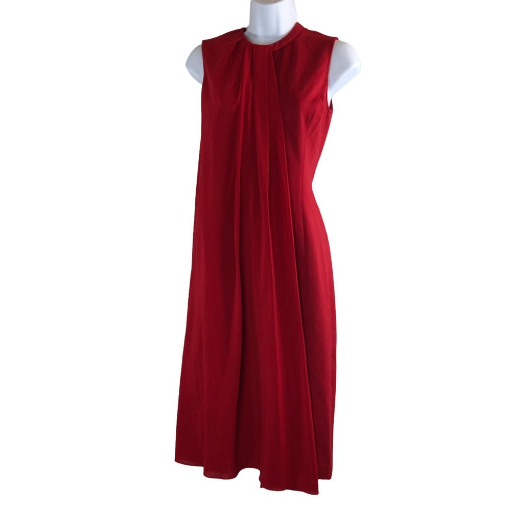 J. Peterman Sleeveless Chiffon Overlay Pleated Dress Red Size 0 Stretch Cocktail - Picture 5 of 15